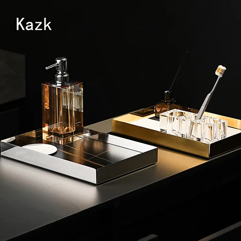 Light Luxury Matte Rock Slab Tray Nordic Bathroom Gold Base Storage Tray Toothbrush Cup Cosmetic Organizer Trays Decorative