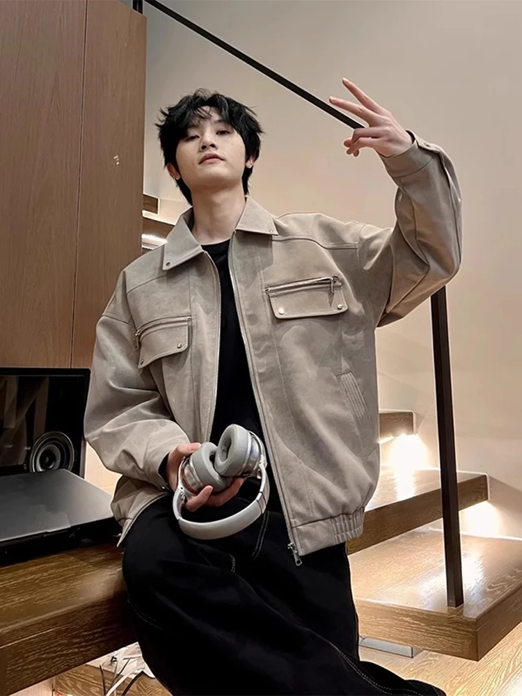 

ey PU Leather Jaet Men's Spring Autumn Sli Retro American Flip Collar Biker Coat Youth Trendy Long Sve Zipper Deco...