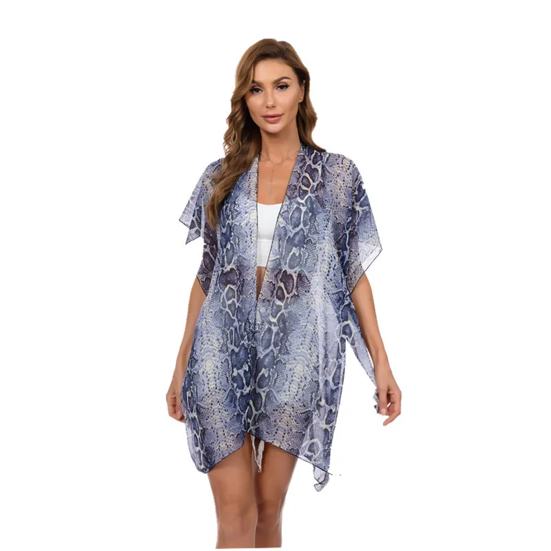 Chiffon Printed Beach Sunscreen Suit Middle Garment Holiday Cardigan Snake Pattern Bikini Blouse Women Seaside Leisure Fashion B