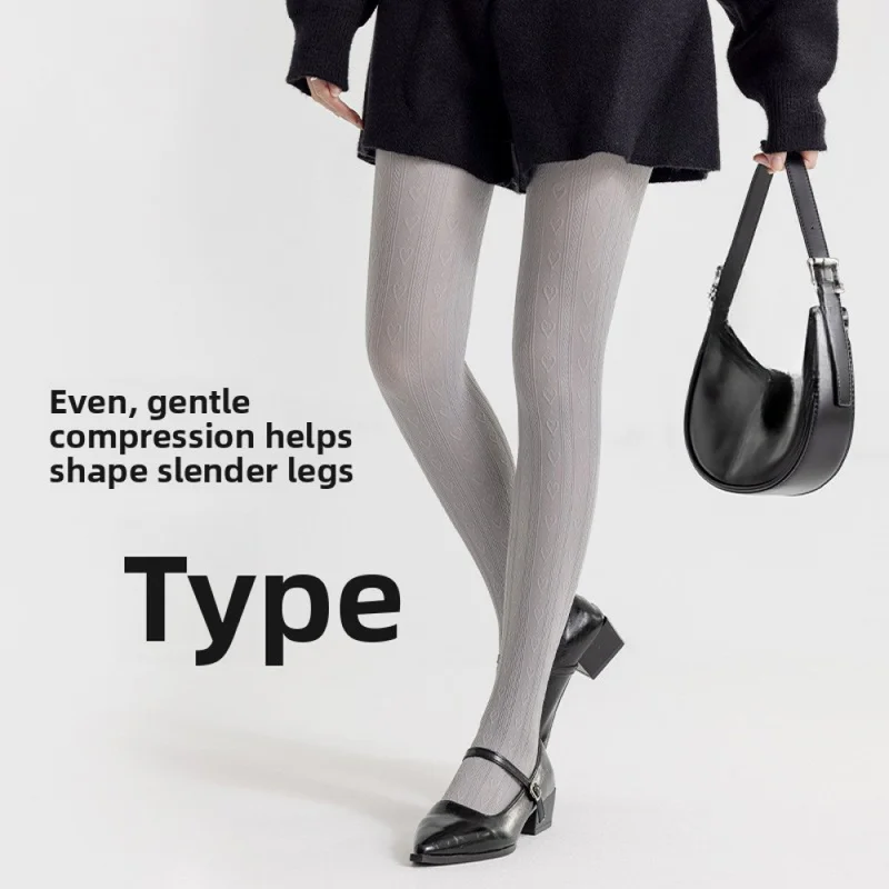 QICHE 2026 Spring Autumn White Velvet Tights Women Heart Embossed Vertical Stripe Jacquard Slim Pantyhose
