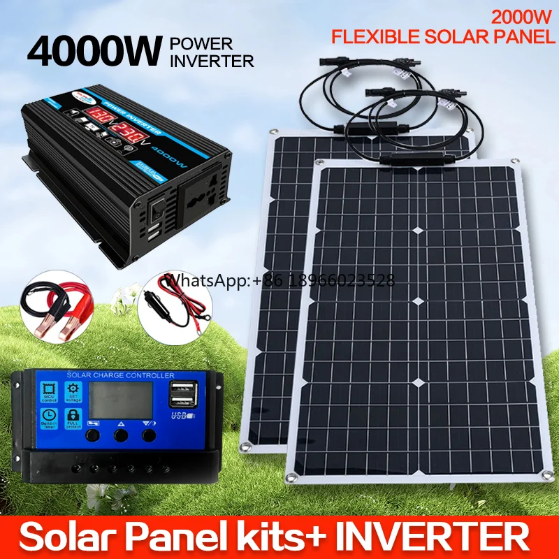 110V 220V 2000W Flexible Solar Panel System 12V Battery Charging Power Bank 4000W Solar Inverter Kit  For Home Outdoor Camping