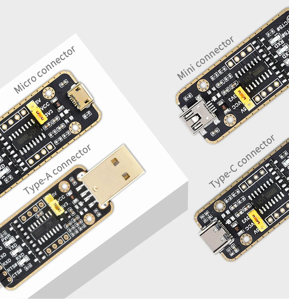 Módulo USB para UART, Micro, Mini, Tipo-A, Tipo-C Conectores, Alta Taxa de Transmissão