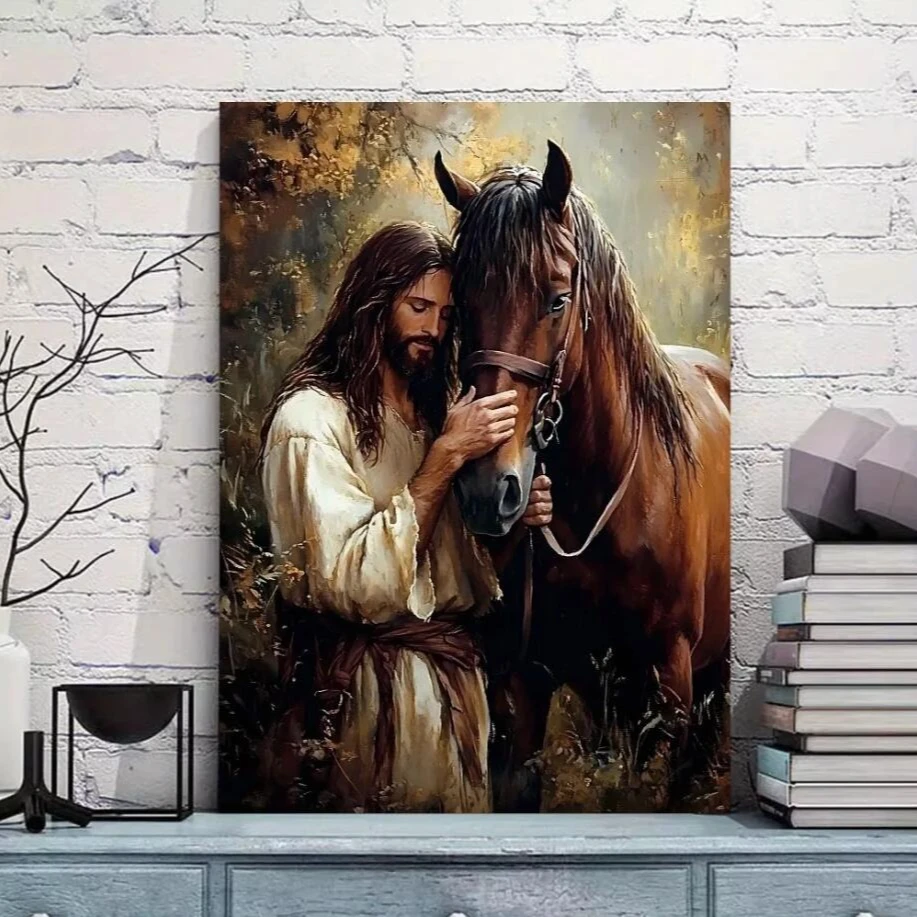 Jesus und Pferd Poster Drucke Retro Jesus berührender Pferdekopf Leinwand Malerei Wandkunst Bild für Wohnzimmer Büro Home Decor