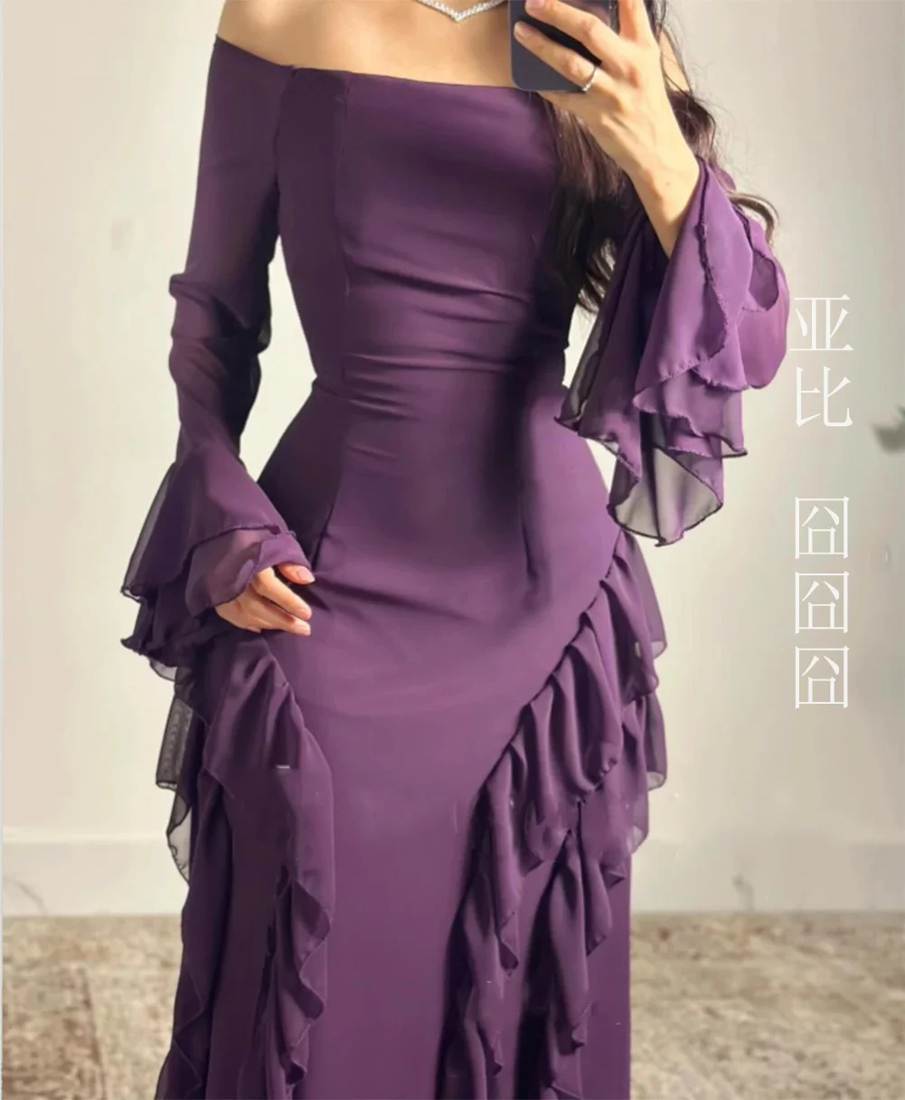 Purple Prom Dresses Sheath Evening Dresses Long Sleeve Chiffon Off Shoulder Formal Wedding Party Dress vestidos de gala 2024