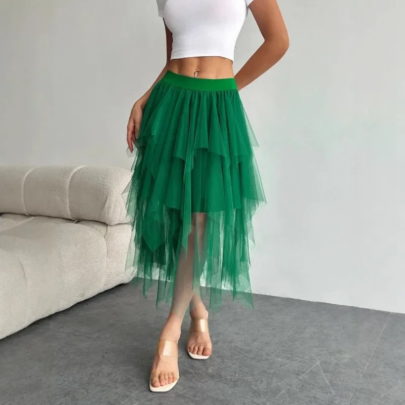 

Women's Irregular Mesh Skirts Summer High Waist Mesh Midi Skirts For Women Casual Office Lady Solid Elastic Waist Skirts