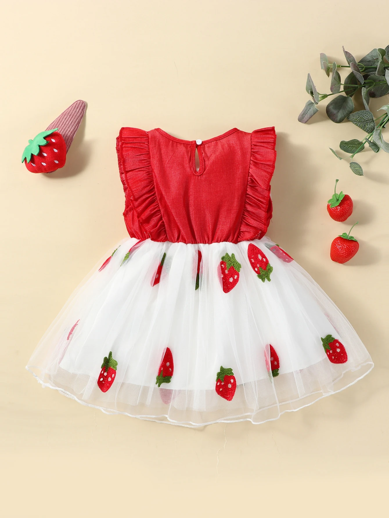 Summer Double-Layer Mesh Dress for Baby Girl Red Strawberry Print Cute Refreshing Casual Dress for Little Girls