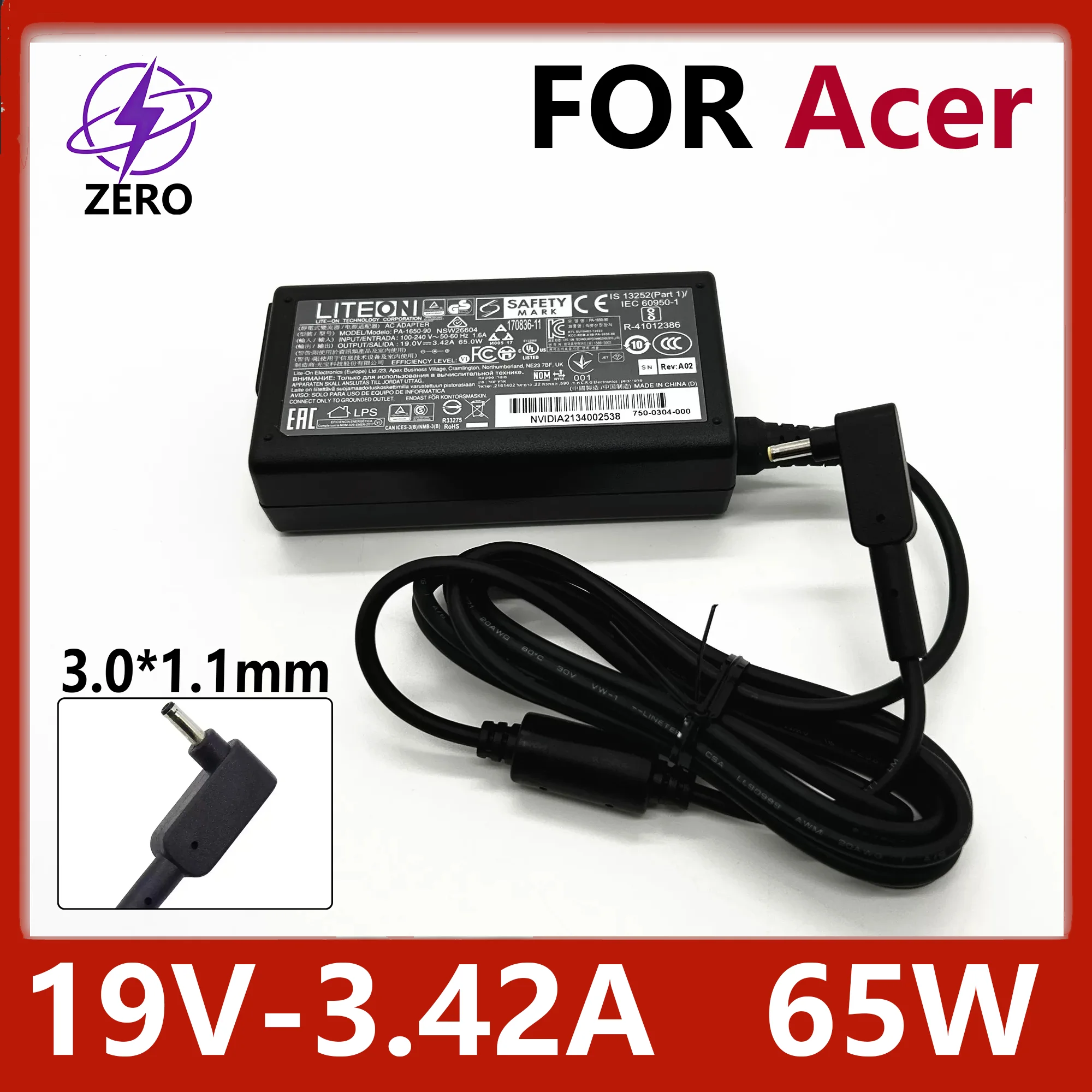 Original Liteon 65W 19V 3.42A 3.0*1.1mm Laptop Charger Power Adapter for Acer Aspire Sf3 S5 S7 S13 Travelmate X313