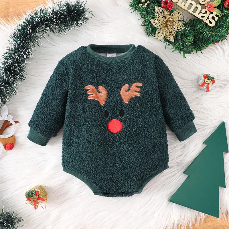 MILANCEL New Winter Baby Bodysuit Christmas Day Toddler Girls Cute Elk Jumpsuit Infant Fleece Lining Outwear One Piece