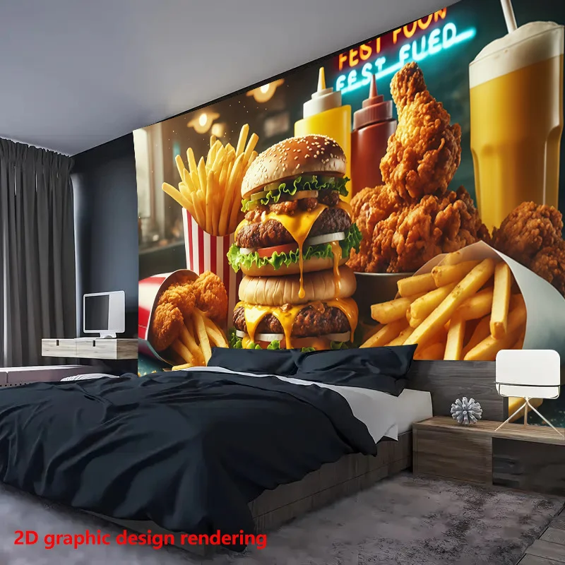 Fast Food Burger Tapestry, Fried Chicken Fries Wall Hanging, Retro Neon Diner Decor for Kitchen Bedroom Dorm Background