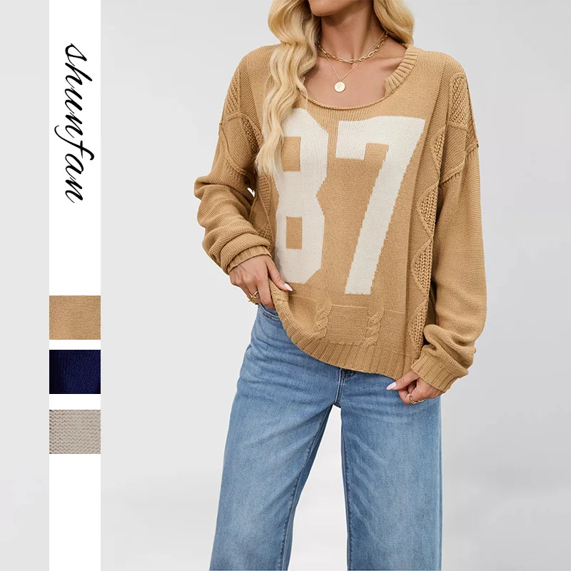 

New Autumn Winter Casual Loose Versatile Pullover Female Knitted Top Fashion Digital Color-blocking Women's Long-sleeved Sweater