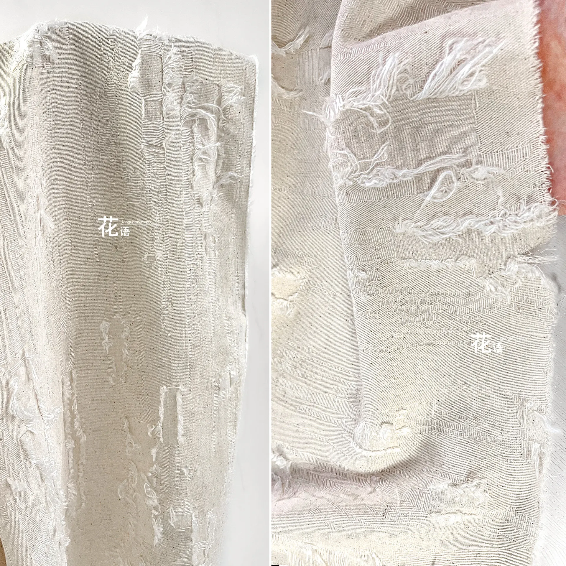 Natural Cotton Linen Jacquard Designer Fabric Washed Distressed Fringe for Handmade Garments and Custom Apparel