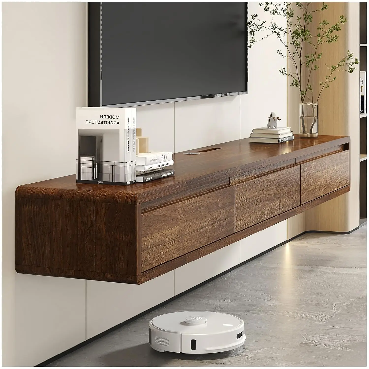 Floating TV Stand Wall Mounted Console Cable Management Scratch-Resistant Wood Media Cabinet Living Room 55in, Customized