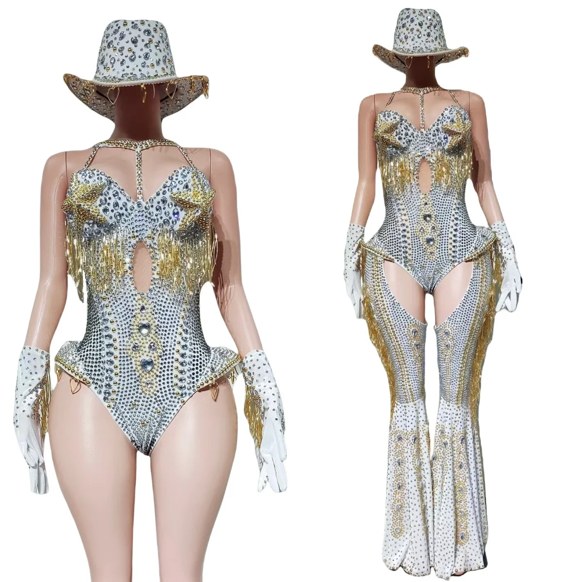 High-end Rhinestones Bodysuit 4Pieces Set Sesy Women Club Outfit Cowboy Party Show Jumpsuit Carnival Showgirl Sexy Wear Hongding