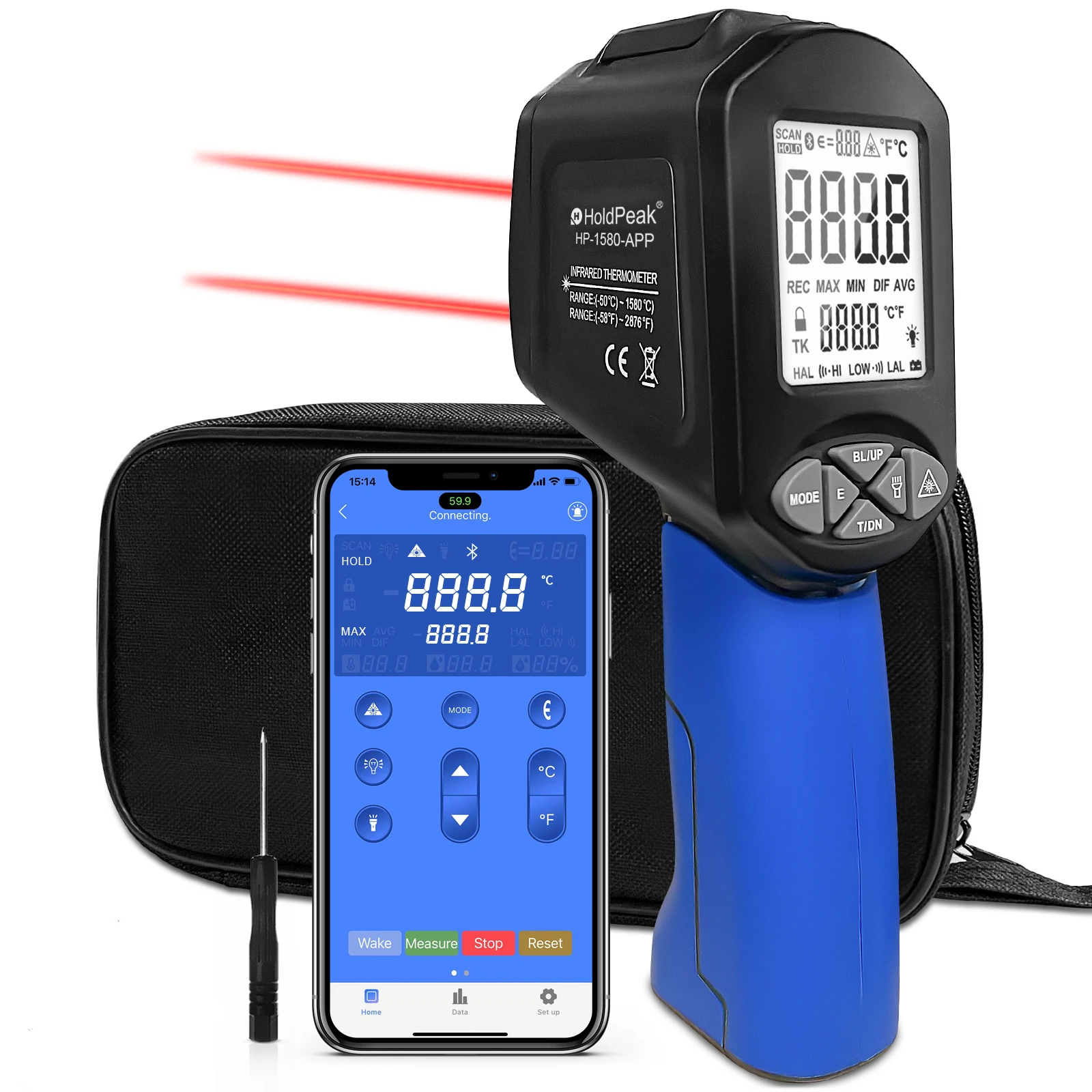 

HP-1580-APP Laser Infrared Thermometer-Adjustable Emissivity with Phone APP Function -50~1580℃ Non-Contact Digital