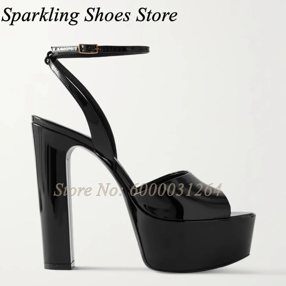 

Slingback Platform Heeled Sandals Patent Leather Shallow Peep Toe High Heels Solid Block Heel Buckle Strap Spring Summer Shoes