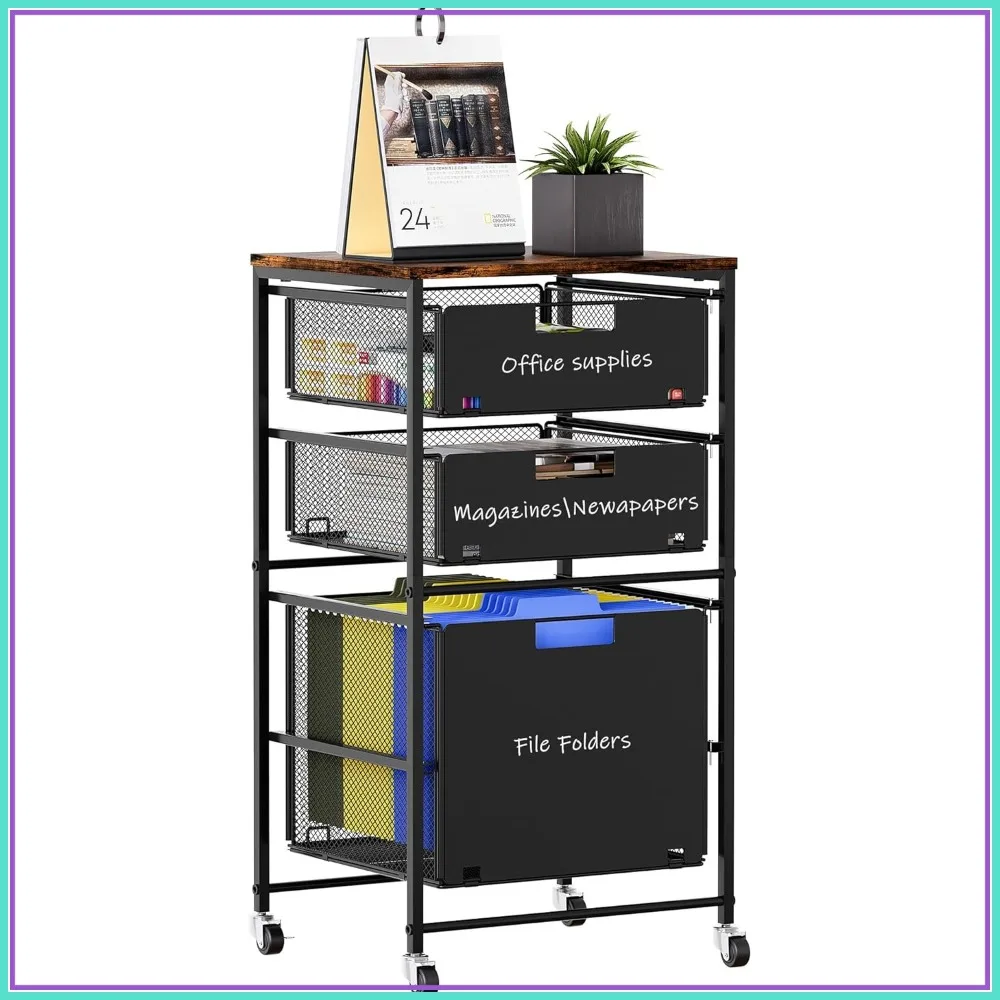 

Rolling File Cart with 3 Drawers, Lockable Wheels, Hanging File Organizer for Home Office, Black