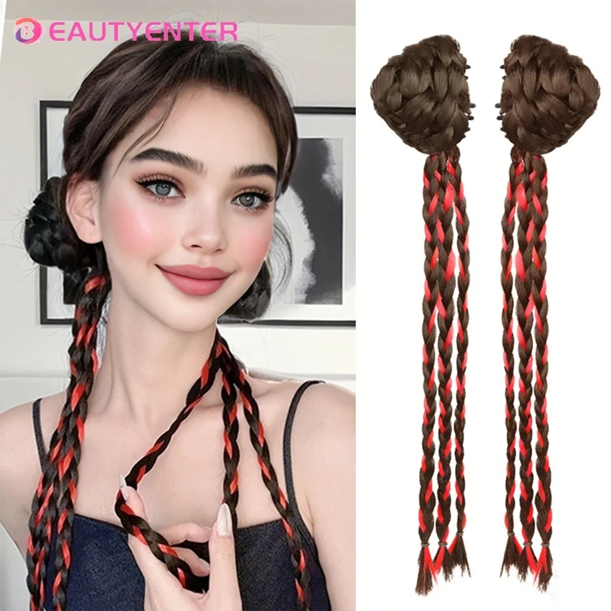 BEAUTYENTER Wig Braid Claw Clip Highlighted Color High Ponytail Sweet Cool Boxing Braid Half-tied Hair Twist Braid