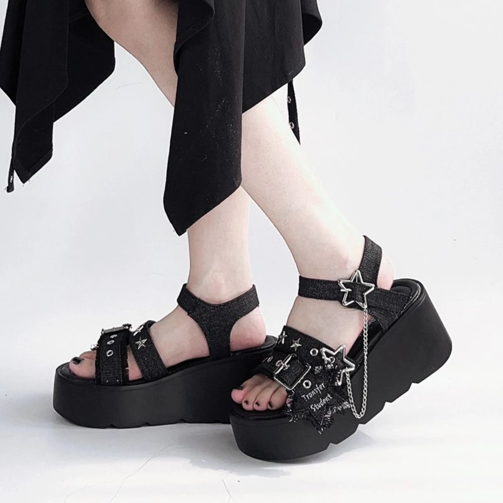 Sandals Original Subculture Platform Slippers Denim Anti-Slip Heightening Heels Summer Black Chain Punk Fashion Women's Shoes
