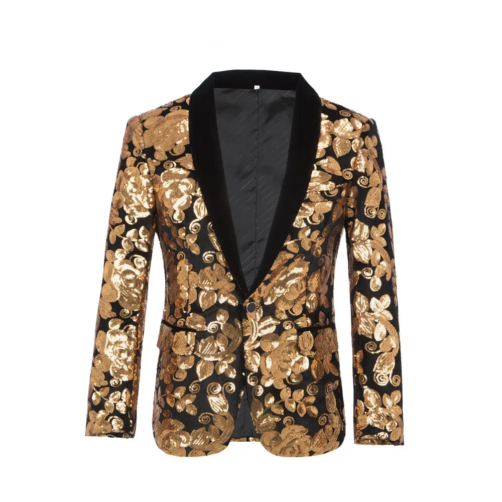 Men Fashion Velvet Sequins Floral Pattern Suit Jacket Blazer Luxury Brand Stage Clothing Slim Fit Tuxedo