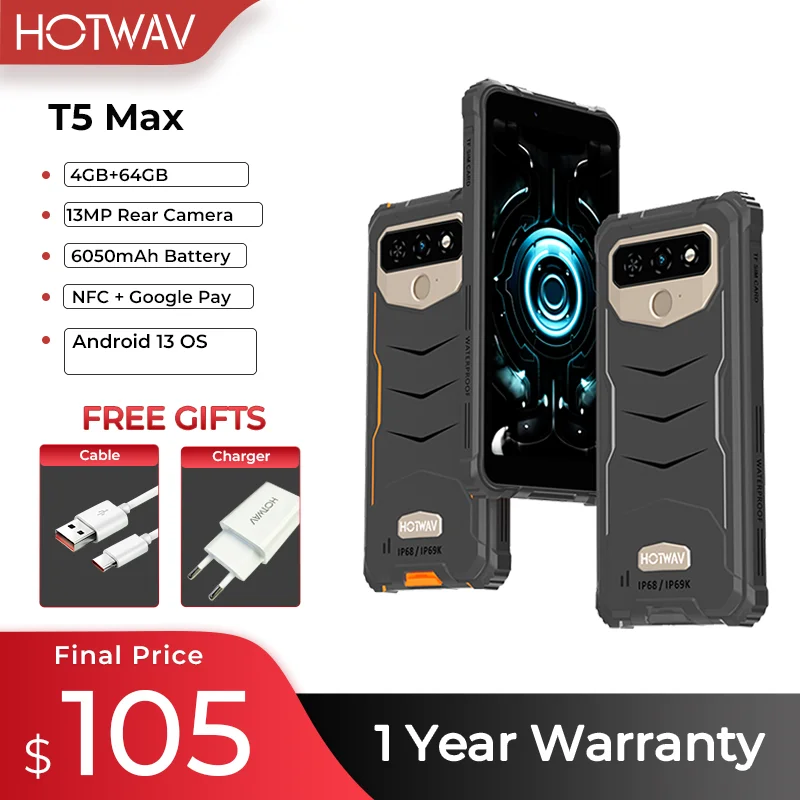 HOTWAV T5 Max 4G Rugged Phone, Android 13 OS, MTK6761, 6.0 \