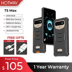 HOTWAV T5 Max 4G Прочный телефон, ОС Android 13, MTK6761, 6,0-дюймовый экран, 4 ГБ, 64 ГБ, 6050 мАч, массивная батарея, мировая премьера, 2023 г.