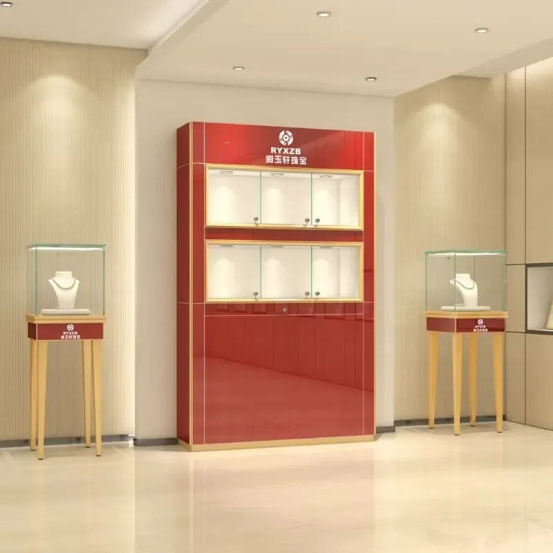 360 Swivel Light Mirror Store Cabinet Front Design Commercial Decorative Display Corner Glass Led Jewelry showcase for Shop