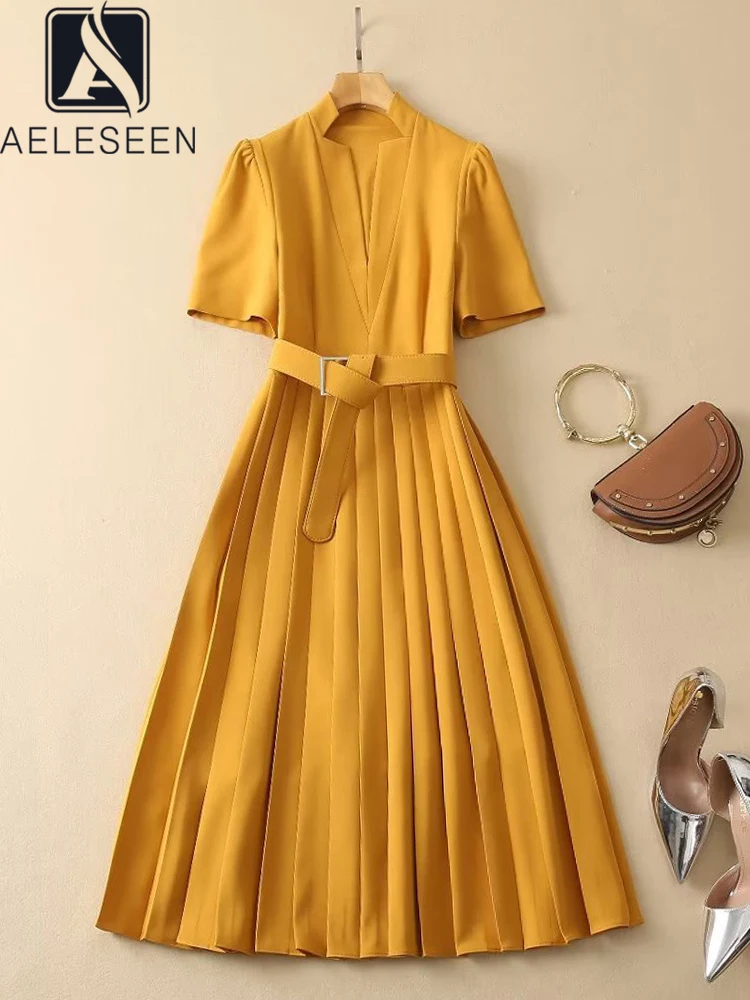 

AELESEEN Women Office Ladies Dress Runway Fashion V-Neck Short Sleeve Solid Yellow Belt Elegant Pleated Party Holiday