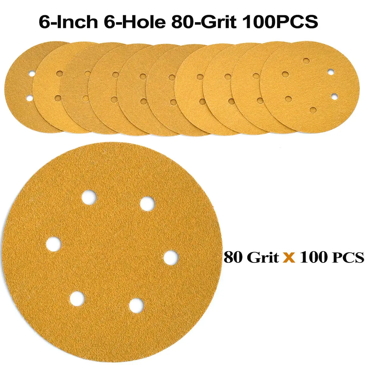 100pcs 6-Inch 6-Hole Hook and Loop Sanding Discs 80-Grit Random Orbital Sandpaper for Automotive and Woodworking