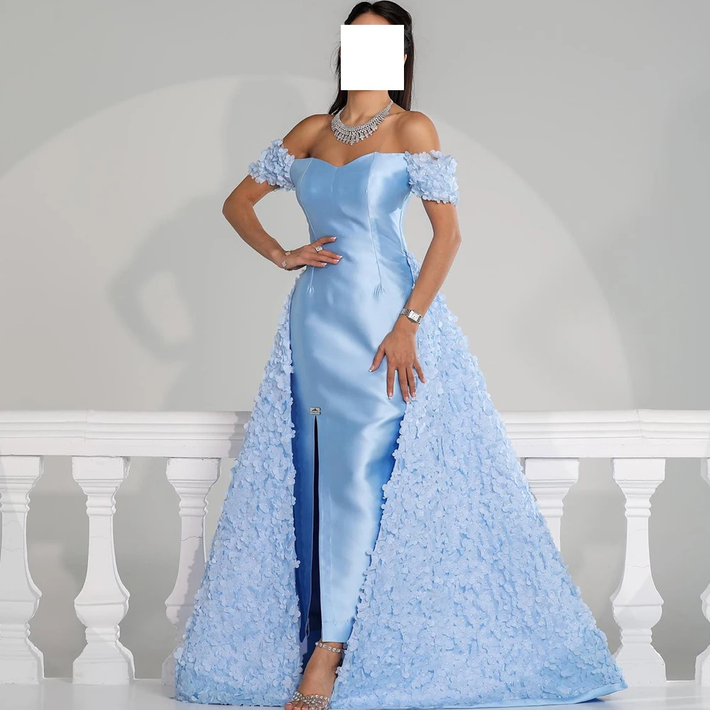

Dubai Evening Caftan Dress Off The Shoulder Front Silt Appliques Satin A-Line Panel Train Elegant Party Dresses Woman 2024