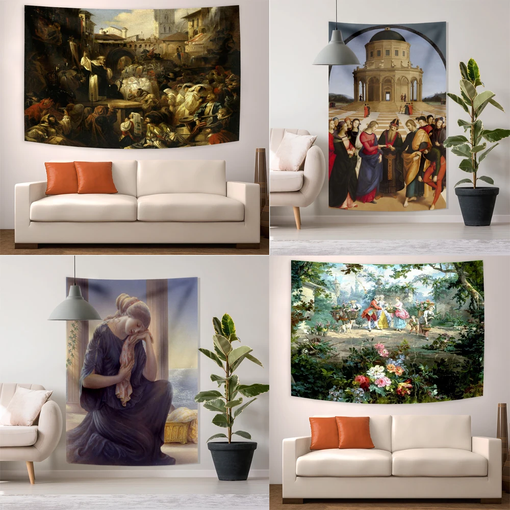 3x5ft Retro oil painting tapestry, European style landscape wall hanging cloth,bedroom, home background wall decoration