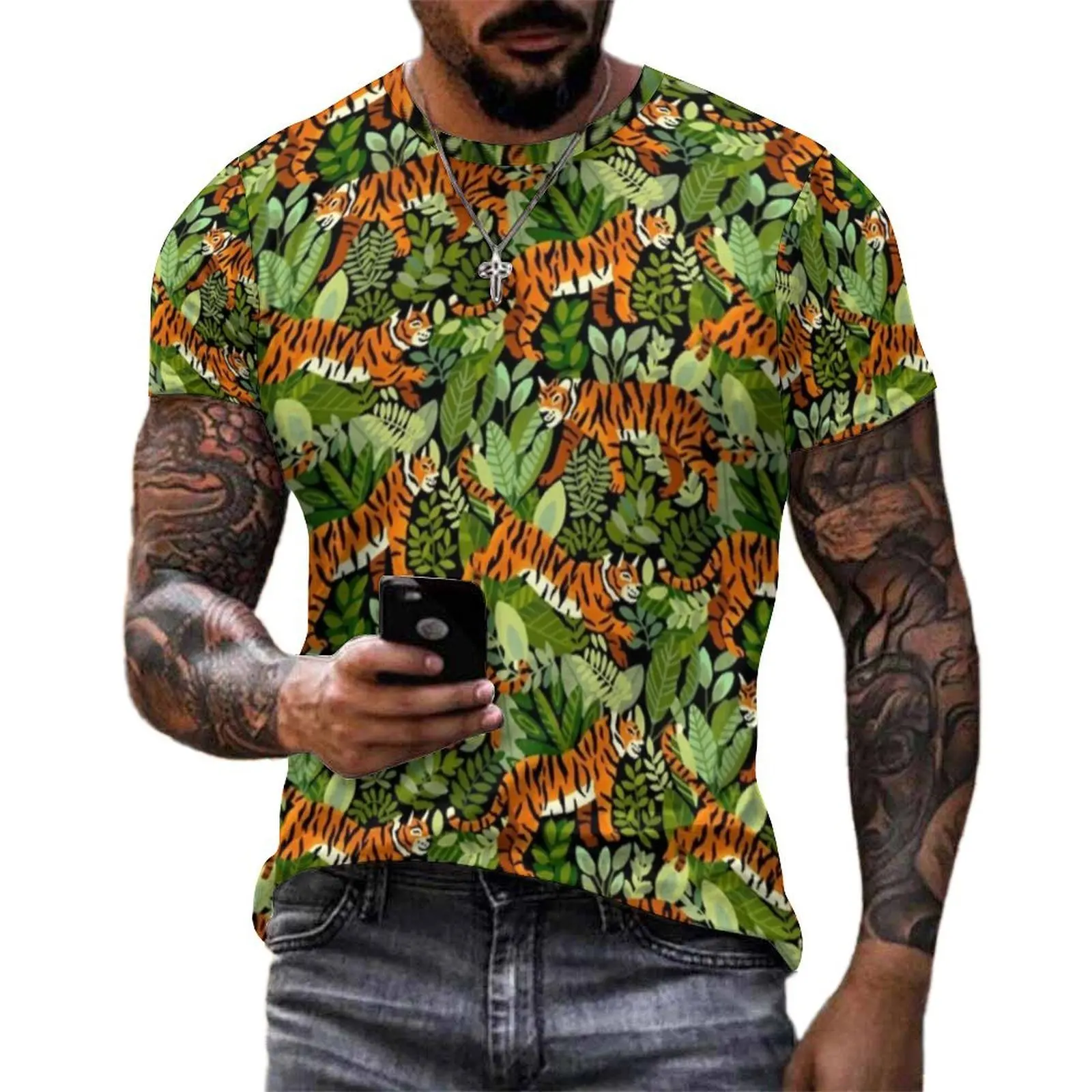 Plus Size T Shirt Premium Bengal Tiger Jungle T Shirts Animal Print Casual Round Neck Tshirt Men Vintage Printed Tees