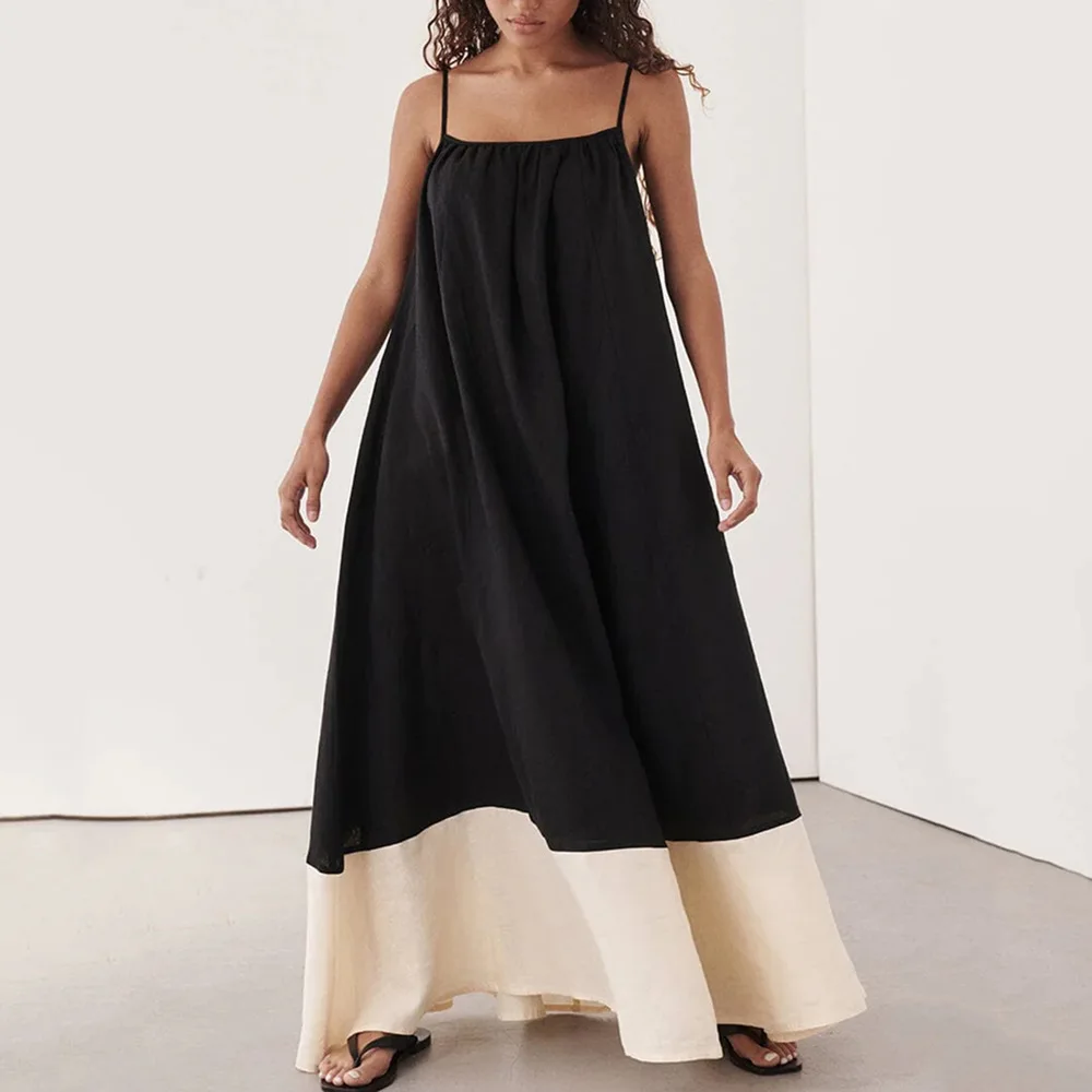 

WXOY Summer Oversized Women Dress Linen Sleeveless Silhouette Casual Extended Adjustable Straps Black Beige