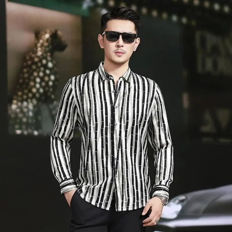 Print Casual High-End Shirts For Men Long Sleeve Skin-Friendly Summer Quality Geniune Silk 92.5%&Elastane 7.5% Camisas De Hombre