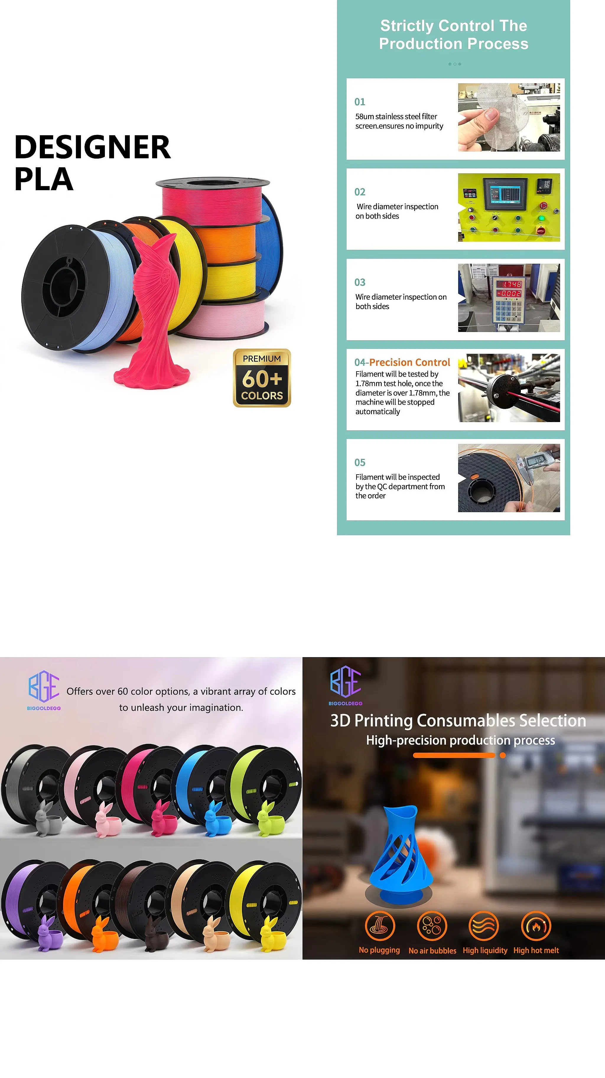 Designer PLA Filament 1.75mm 1kg 60+ Vibrant Colors +/-0.02mm Precision Stable Material for Visual Models