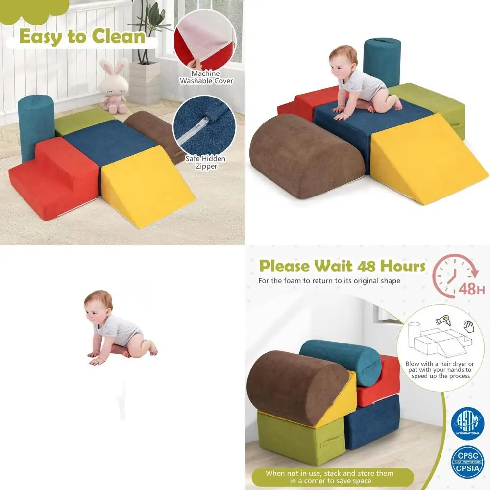 Conjunto de escalada de espuma para crianças de 6 peças com tecido de chenille macio e alças de transporte