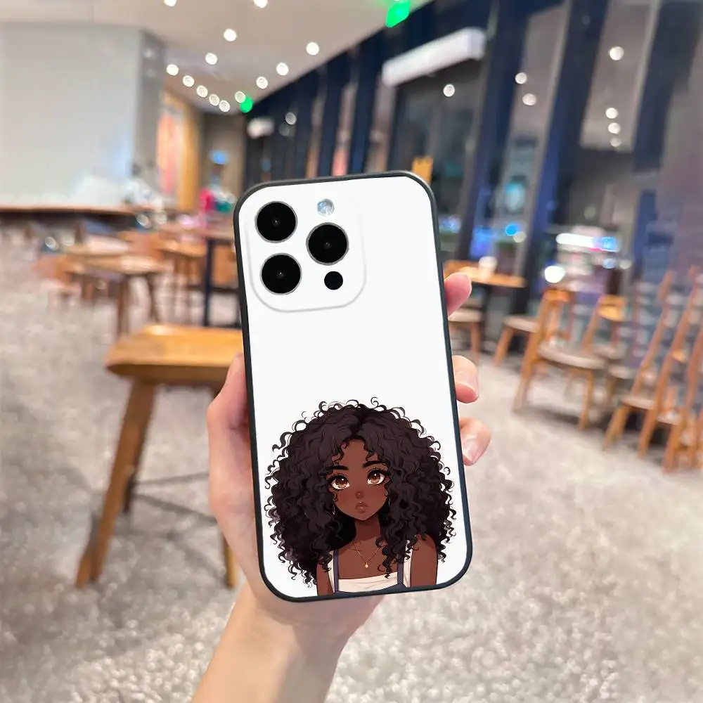 Schwarzes Mädchen A-afro Cartoon Handyhülle für iPhone 17,16,15,14,13,12 Plus, Max Weiche Silikon-Schutzhülle in Schwarz