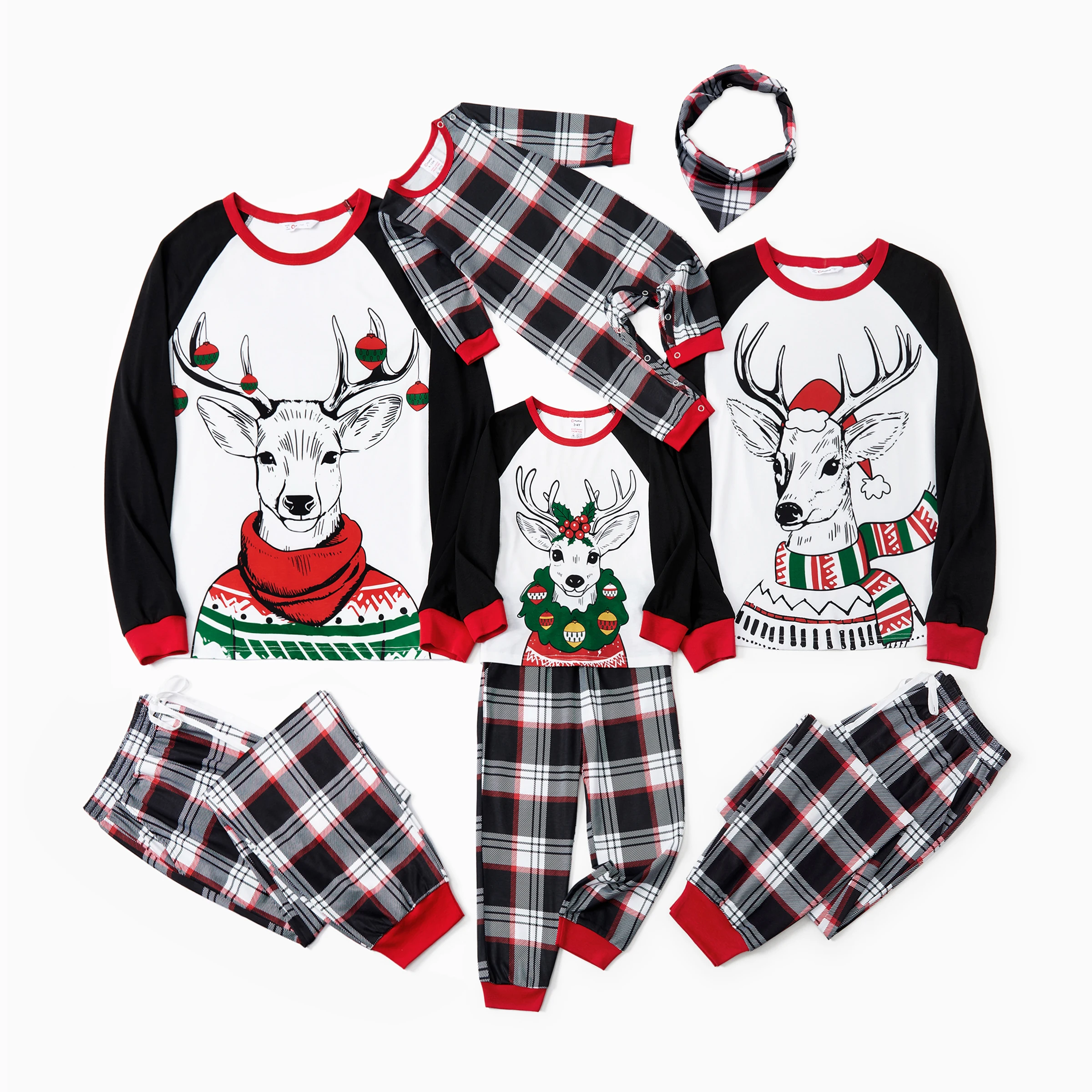 

PatPat Christmas Family Matching Black Raglan Sleeves Red Cuffs Reindeer Graphic Plaid Pants Pajamas(Flame Resistant)