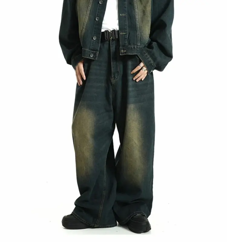Street American Retro Straight-leg Jeans for Men Hip-hop Washed and Distressed Loose and Versatile Straight-leg Trousers