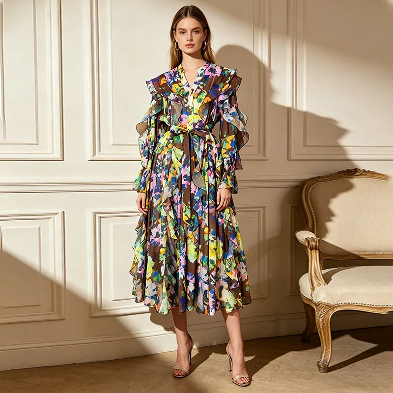 High Quality Watercolor Flowers Printing Dresses Spring Women Lotus Leaf Sleeves V-neck Dress High Waist Loose Knee Length Dress