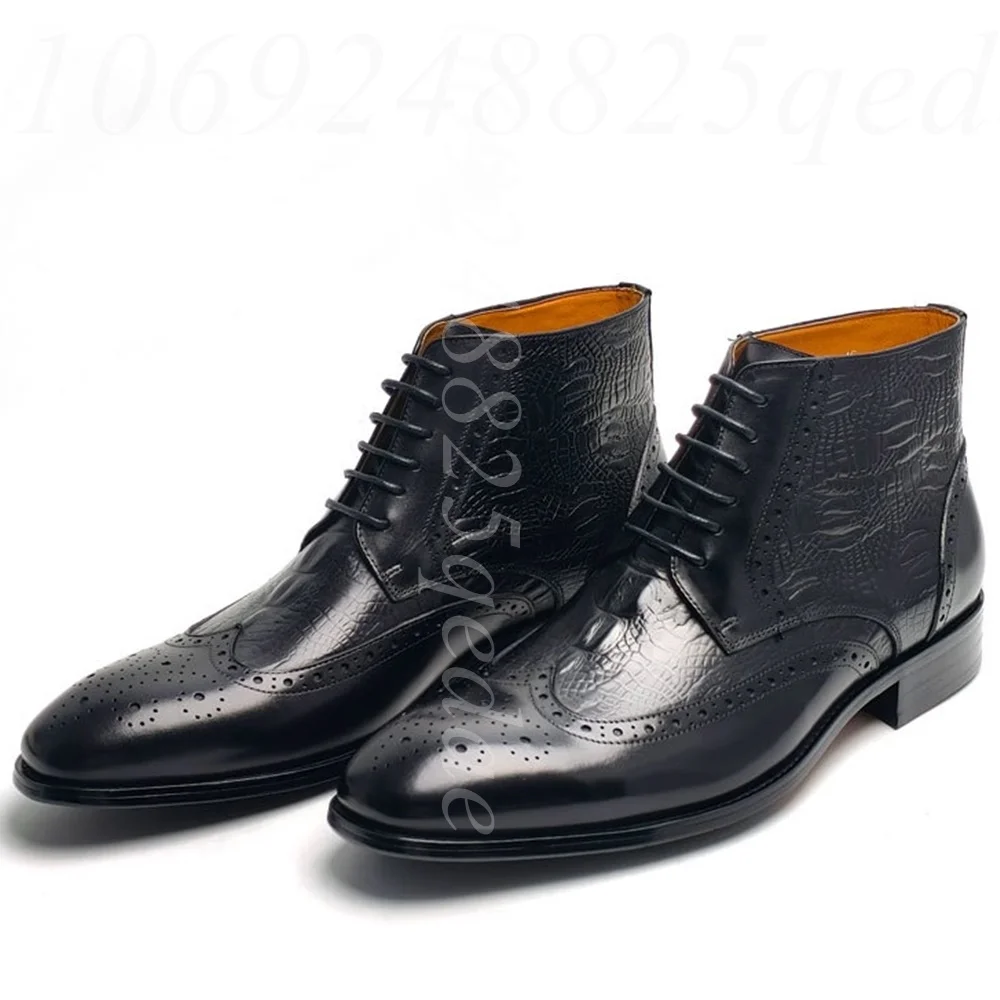 

Men's Vintage Black Crocodile Embossed Leather Ankle Boots, Brogue Perforated Lace-Up Dress Boots for Formal Business & Evening