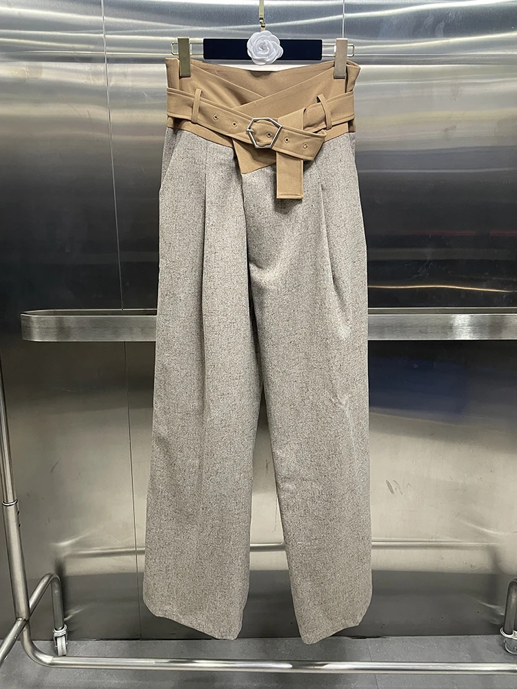 Color block Patchwork Gürtel lässig lose Hosen für Frauen hohe Taille gespleißte Taschen Temperament weites Bein Hosen weiblich neu