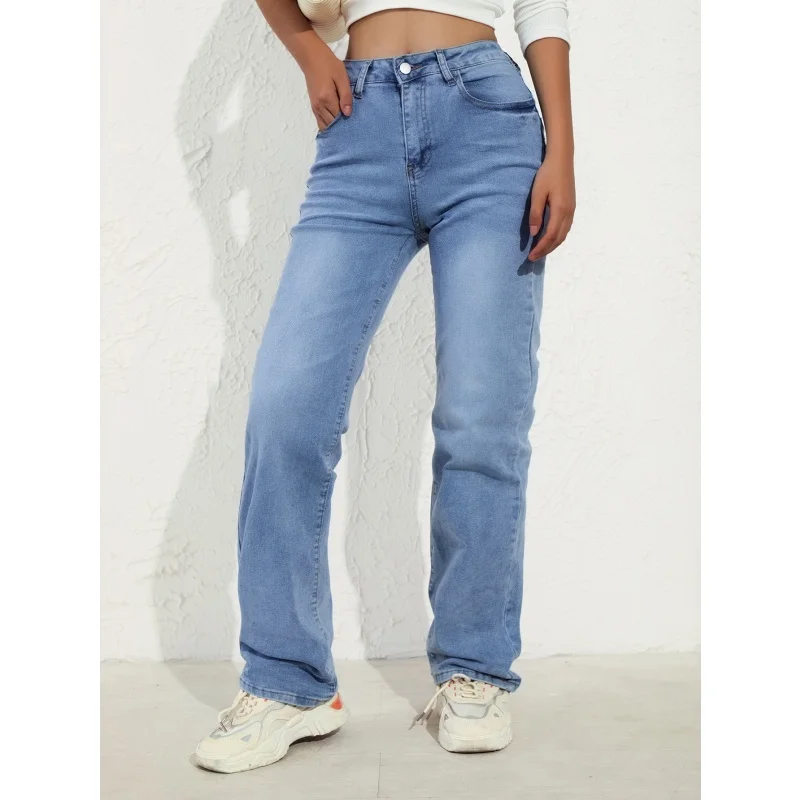 

Голубые джинсы Y2K для женщин, эластичные повседневные свободные брюки для похудения, прямые брюки, модные струящиеся брюки