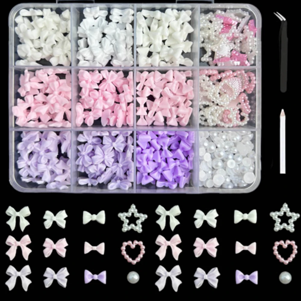 12Grid Kawaii Resin Aurora Ribbon Bow Nail Charms Mixed Star Moon Heart Pearl Rhinestones 3D Bowknot Gem Nail Art Decoration