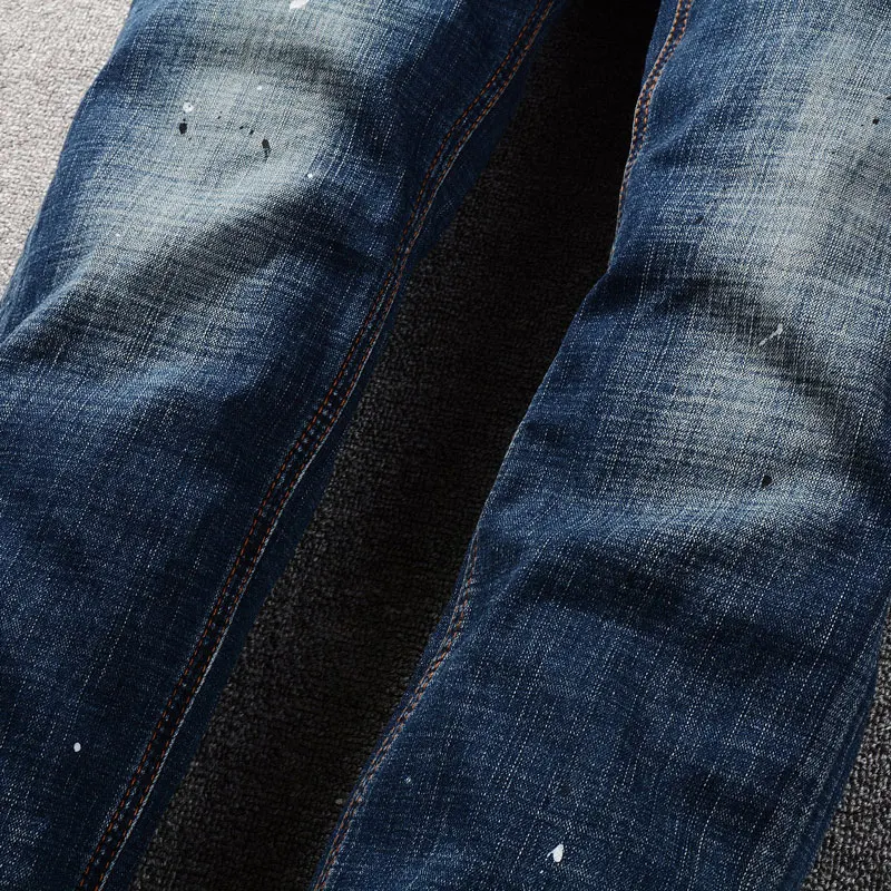 Fashion Designer Men Jeans High Quality Retro Dark Blue Stretch Slim Fit Painted Ripped Jeans Men Vintage Denim Pants Hombre