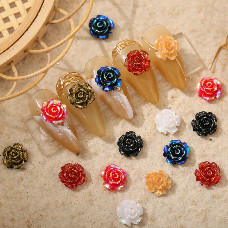 50PCS 10MM 3D Resin Famellia Flower Nail Charms For Glitter Nail Art Tips Decortion Rose Manicure Jewelry Accessories Supplies N