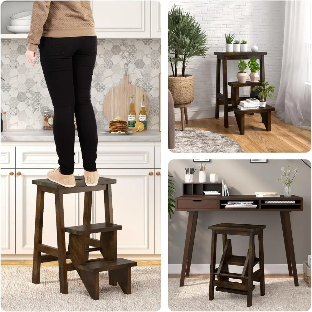 Multifunctional Wooden 3-Step Folding Ladder with Storage Shelf and Flower Rack