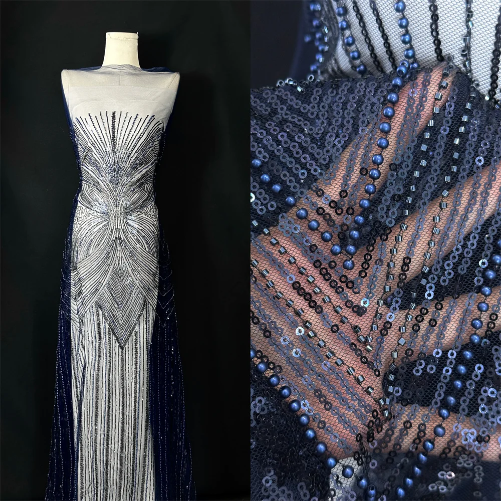 

African Mesh Lace Fabric with Seqquins and Beads for Women Evening Gown 5 Yards STW25060910-911