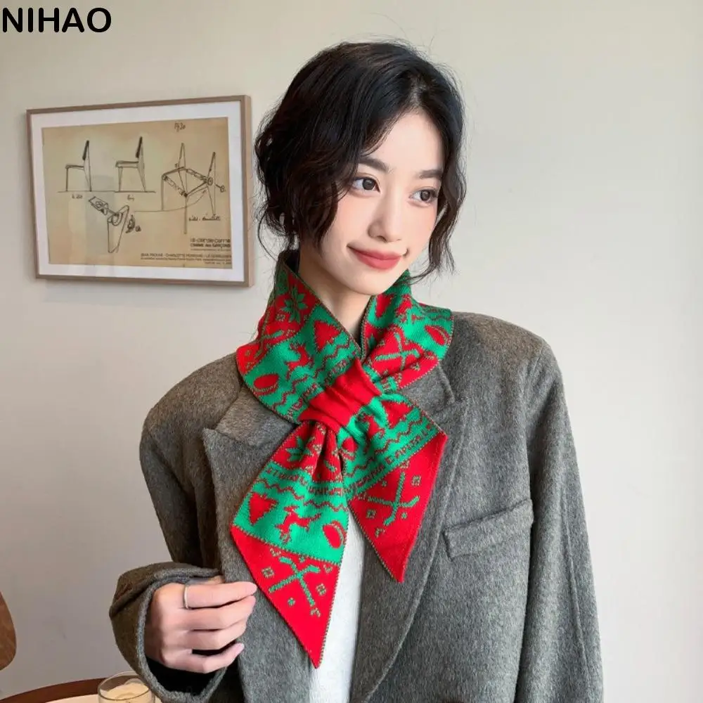 Fashion Deer Winter Knitted Scarves Jacquard Korean Style Women Scarf Bow Tie Windproof Woolen Neckerchiefs Christmas