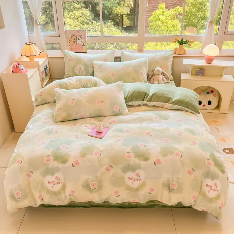 Milk Velvet Cute Printed Bed Sets Thick Autumn and Winter Plush Bedding Set for Single Queen Soft Keep Warm Duvet Cover Kit