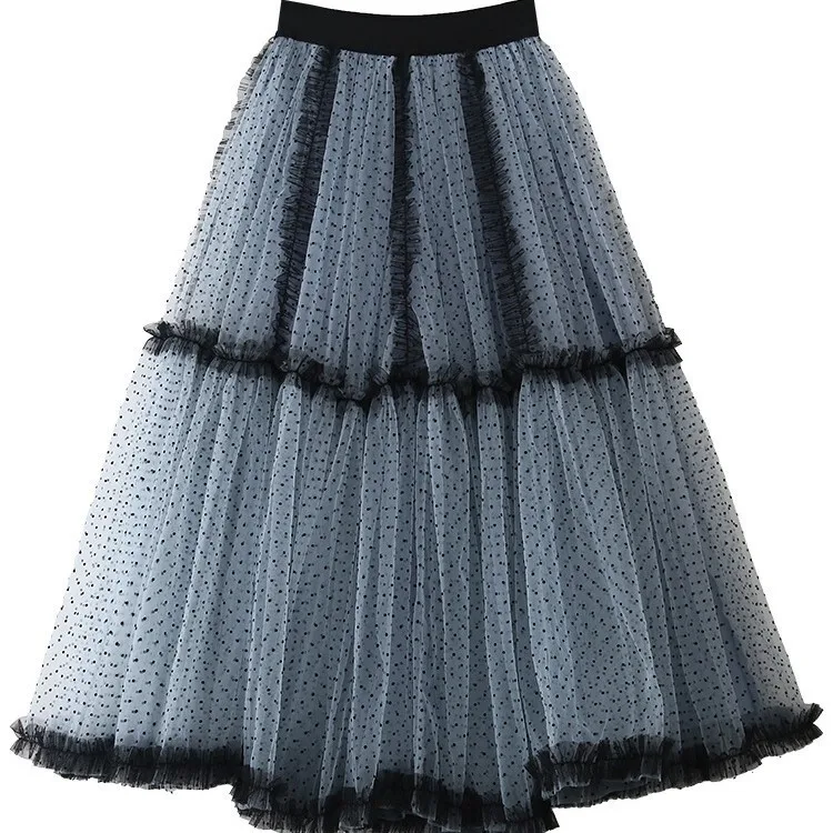 Jupe bouffante en maille féerique pour femmes, Patchwork, bleu haut, à pois, ligne A, légère, élégante, mode dames, nouvelle collection 2025